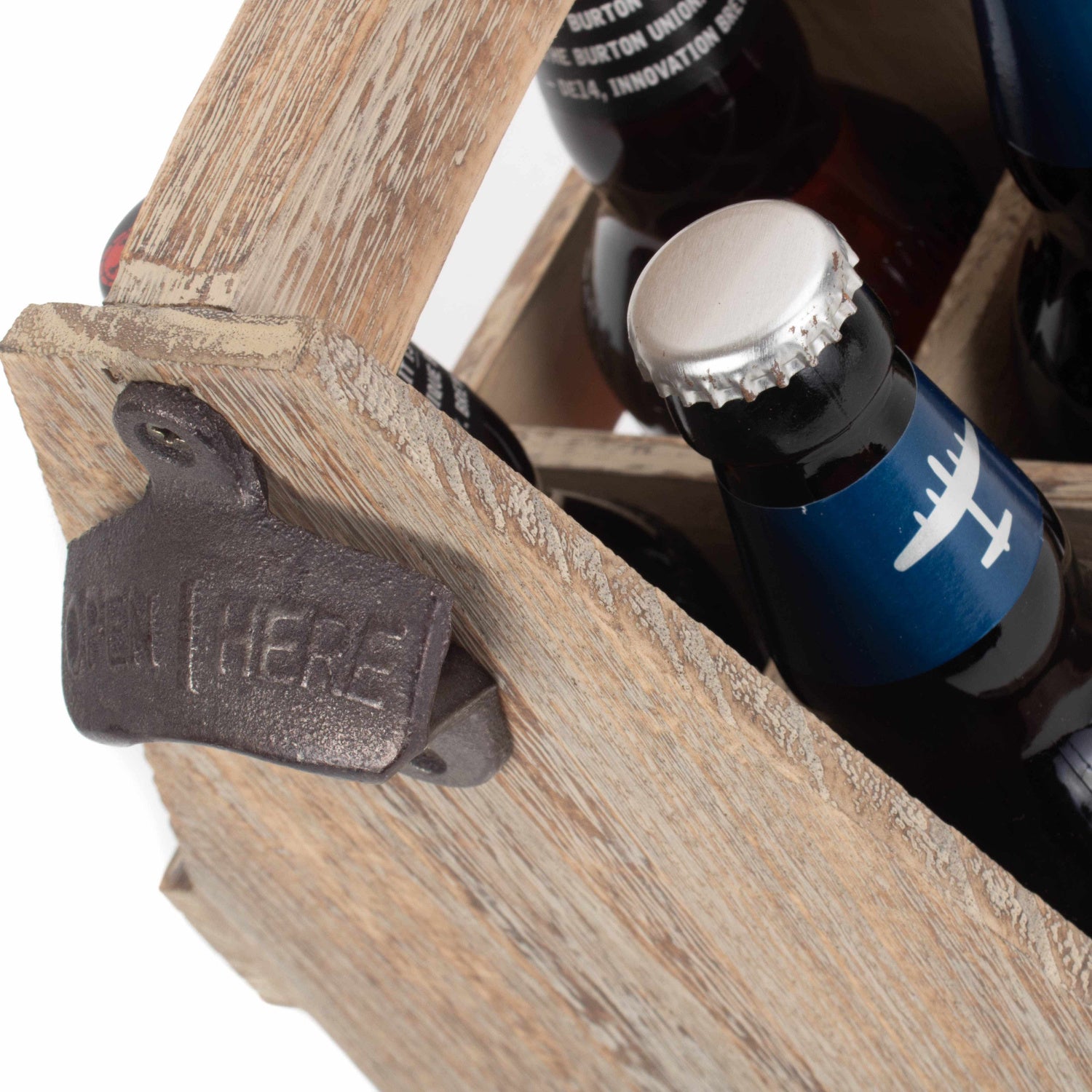 Oak Effect 4 Beer Bottle Carrier With Bottle Opener Wovenhill