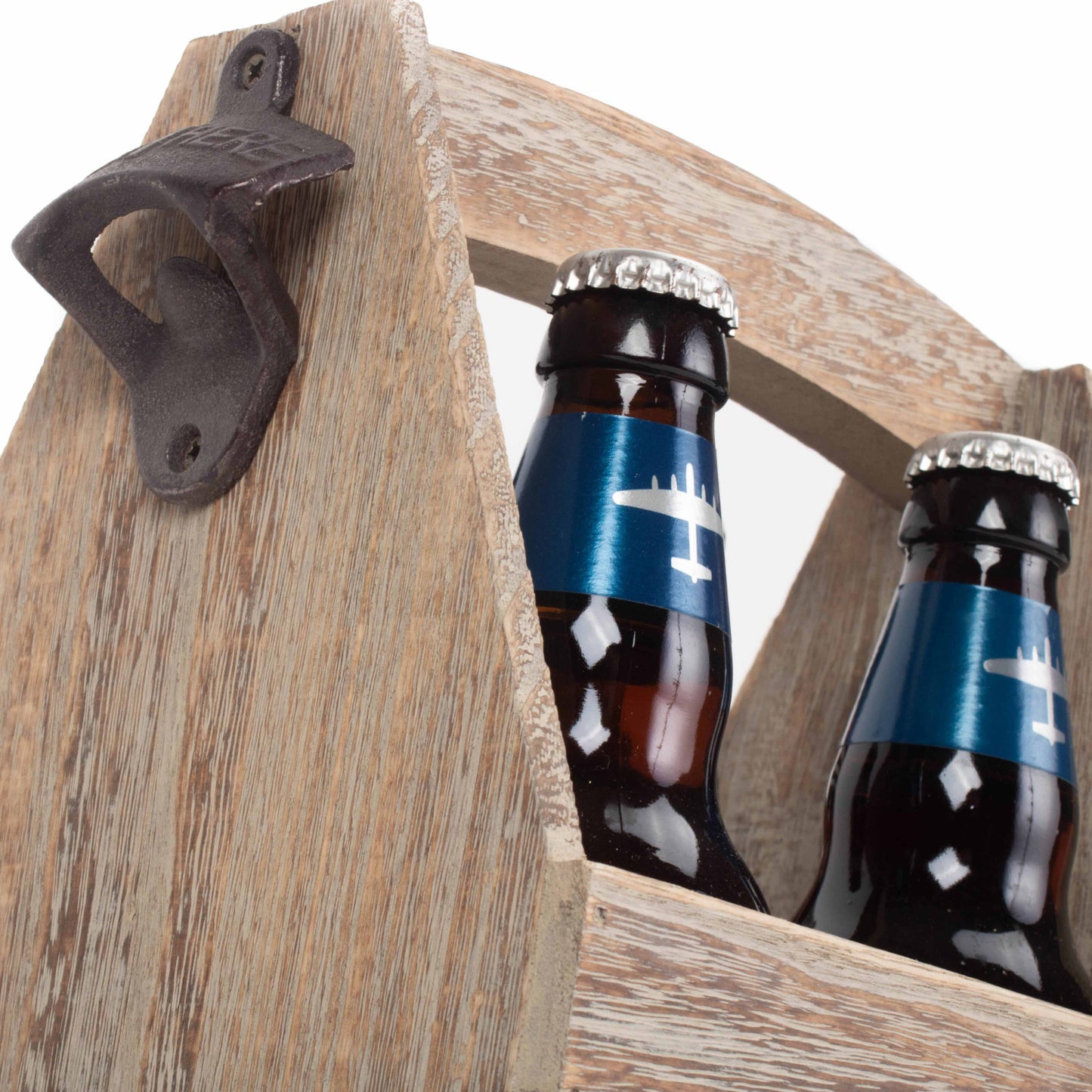 Oak Effect 4 Beer Bottle Carrier With Bottle Opener