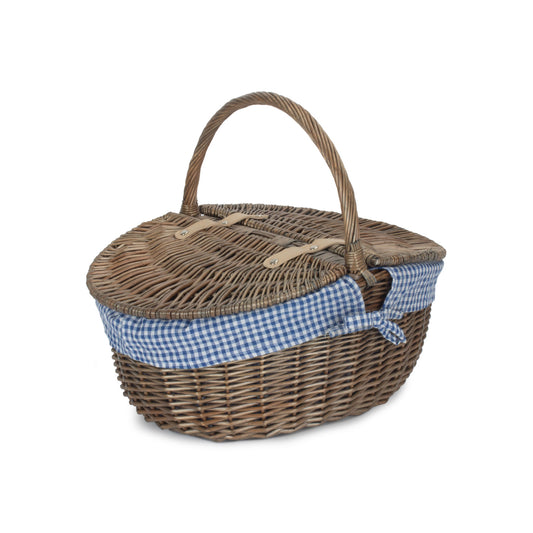 Antique Wash Finish Willow Oval Picnic Basket with Blue & White Checked Lining