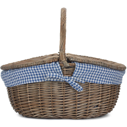 Antique Wash Finish Willow Oval Picnic Basket with Blue & White Checked Lining