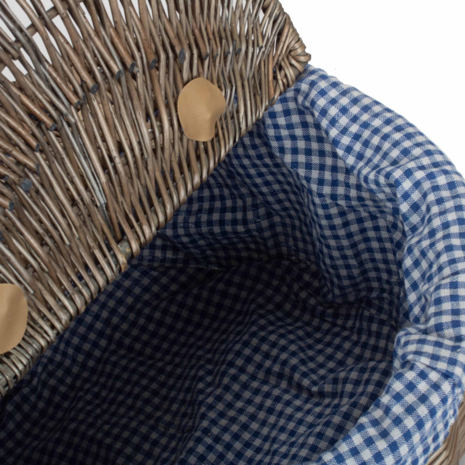 Antique Wash Finish Willow Oval Picnic Basket with Blue & White Checked Lining