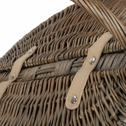 Antique Wash Finish Willow Oval Picnic Basket with Blue & White Checked Lining