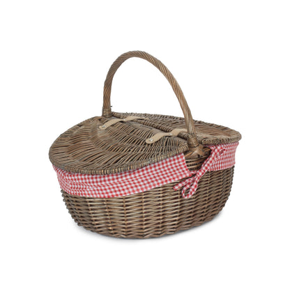 Antique Wash Finish Willow Oval Picnic Basket with Red & White Checked Lining