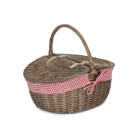 Antique Wash Finish Willow Oval Picnic Basket with Red & White Checked Lining