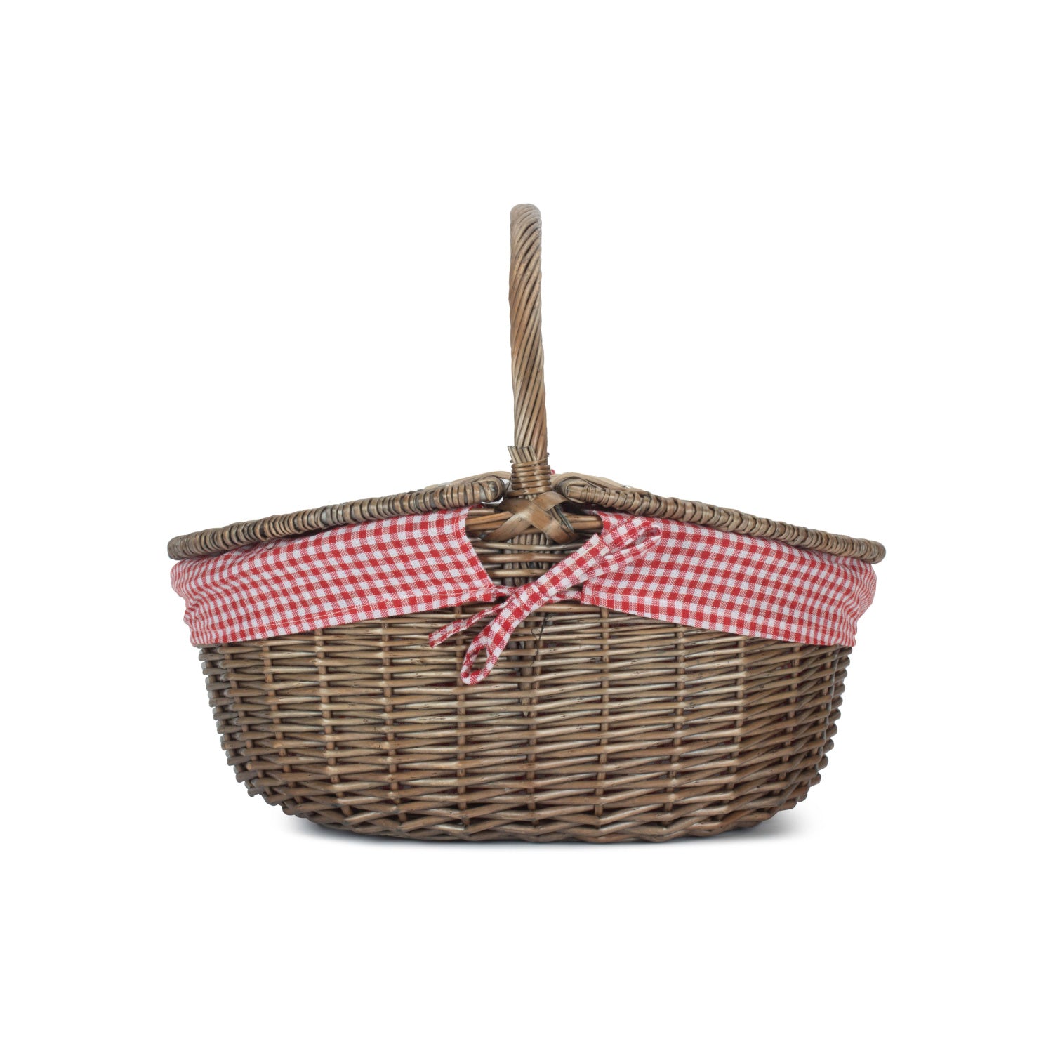 Antique Wash Finish Willow Oval Picnic Basket with Red & White Checked Lining