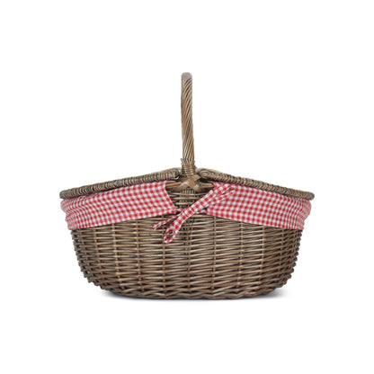 Antique Wash Finish Willow Oval Picnic Basket with Red & White Checked Lining