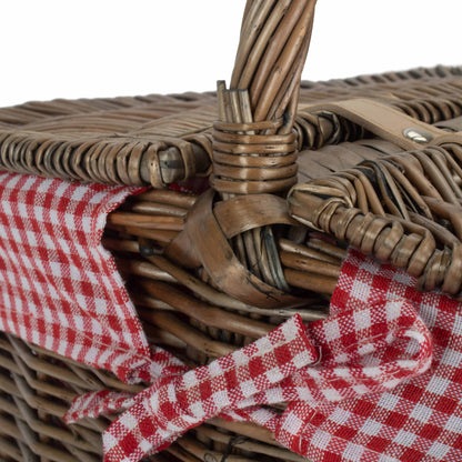 Antique Wash Finish Willow Oval Picnic Basket with Red & White Checked Lining