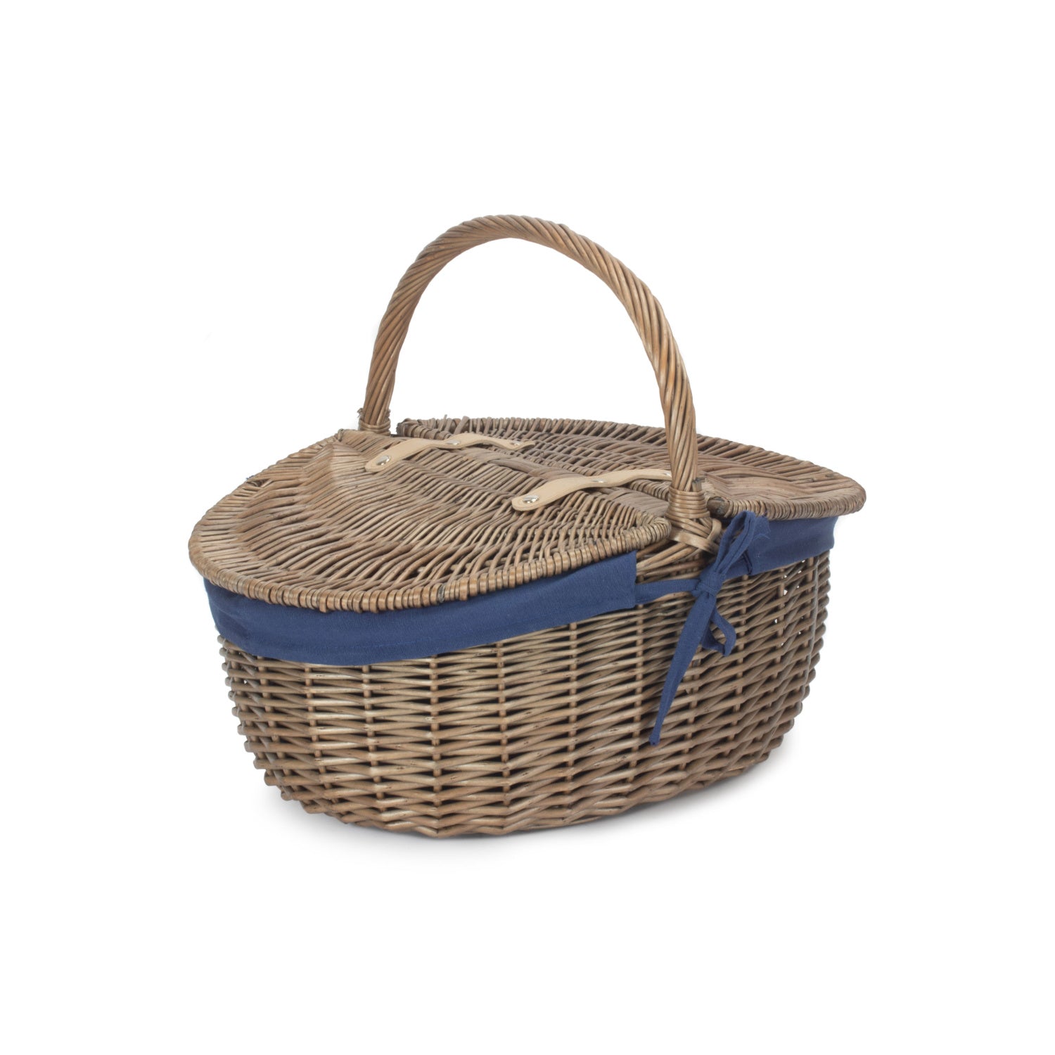 Antique Wash Finish Willow Oval Picnic Basket Navy Blue Lining