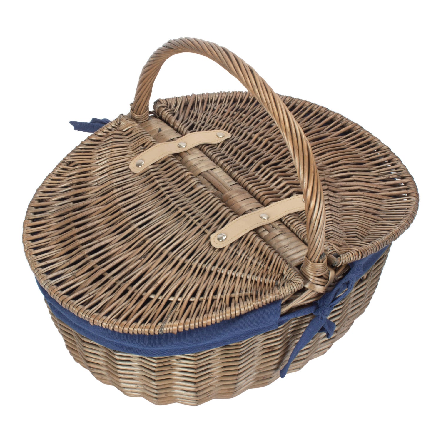 Antique Wash Finish Willow Oval Picnic Basket with Navy Blue Lining