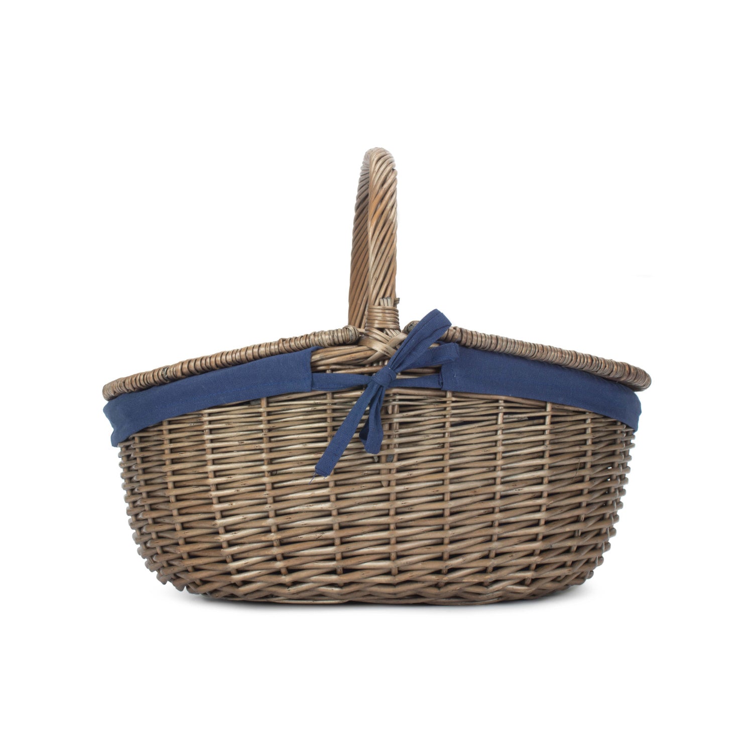 Antique Wash Finish Willow Oval Picnic Basket with Navy Blue Lining