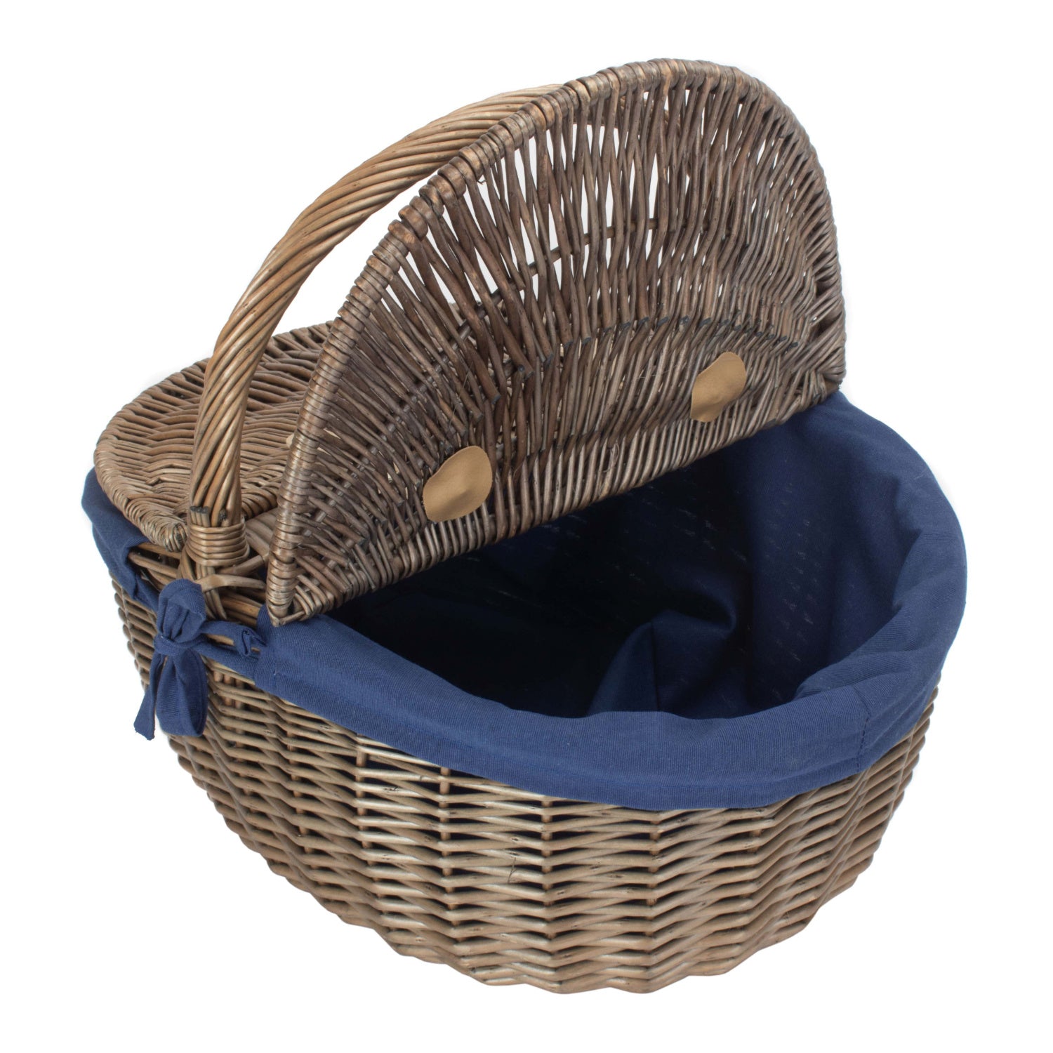 Antique Wash Finish Willow Oval Picnic Basket with Navy Blue Lining