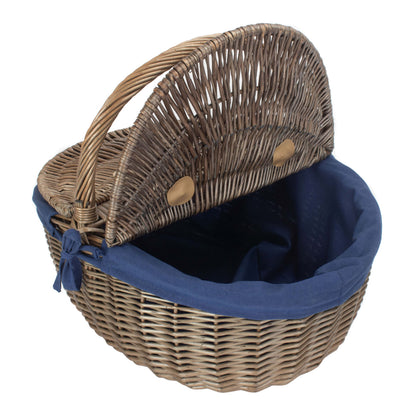 Antique Wash Finish Willow Oval Picnic Basket with Navy Blue Lining