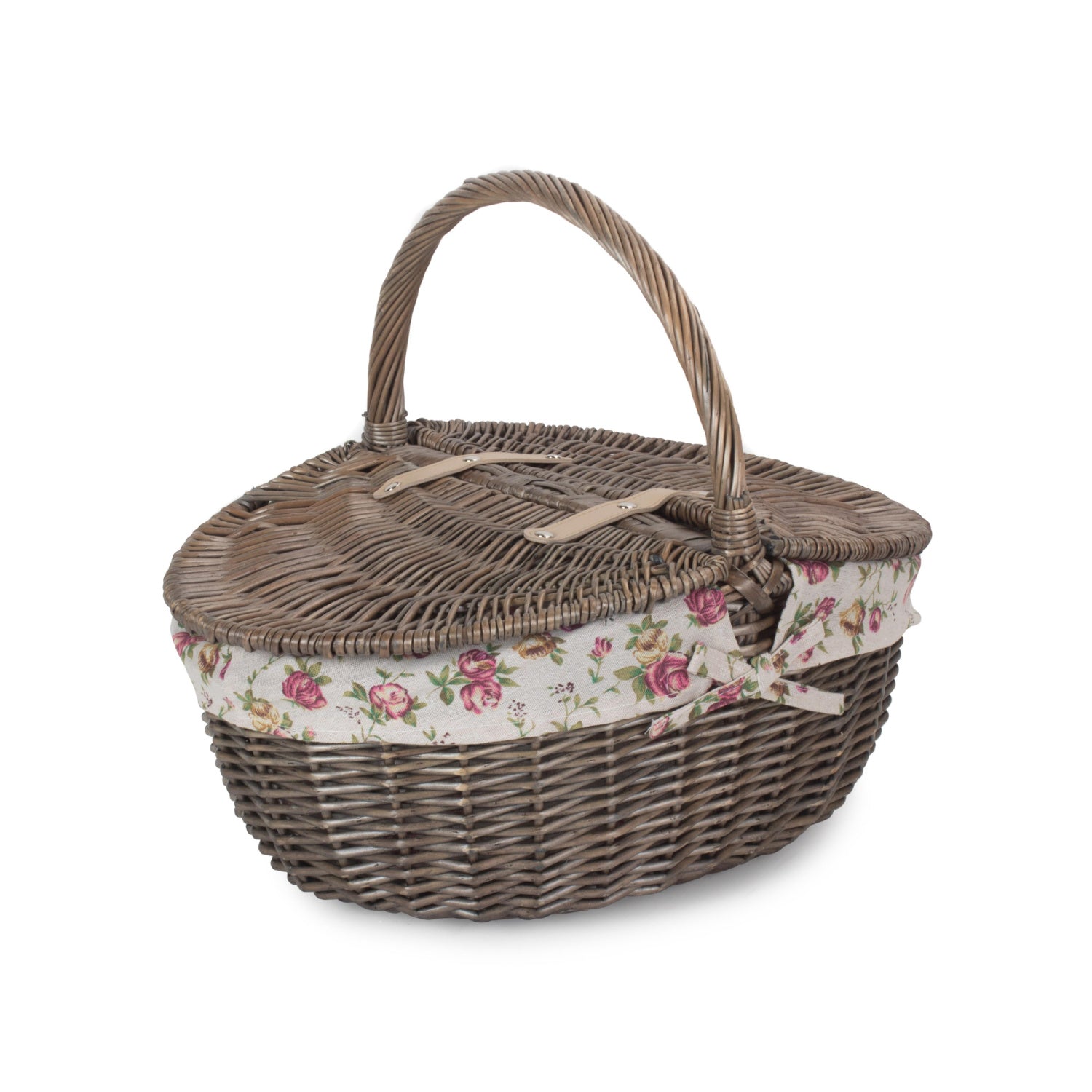 Antique Wash Finish Willow Oval Picnic Basket with Garden Rose Lining