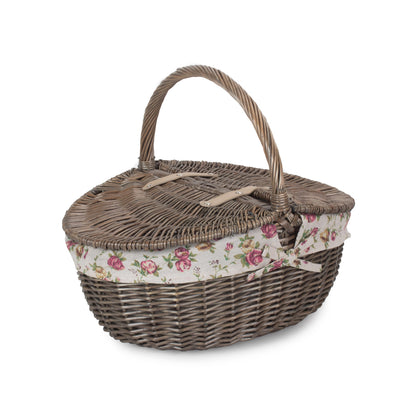 Antique Wash Finish Willow Oval Picnic Basket with Garden Rose Lining