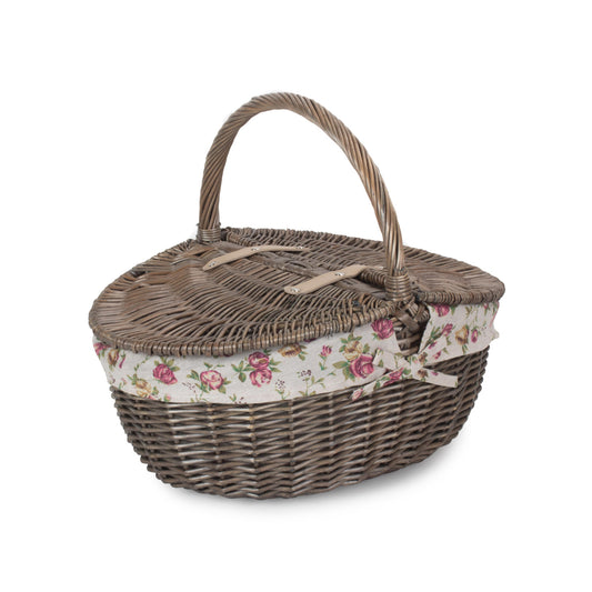 Antique Wash Finish Willow Oval Picnic Basket with Garden Rose Lining