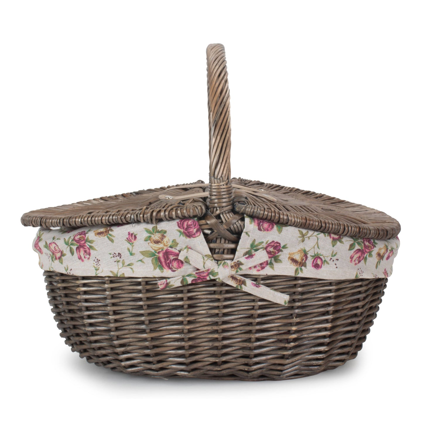 Antique Wash Finish Oval Picnic Basket With Garden Rose Lining