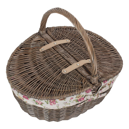Antique Wash Finish Willow Oval Picnic Basket with Garden Rose Lining