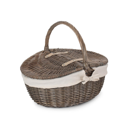Antique Wash Finish Willow Oval Picnic Basket with White Lining