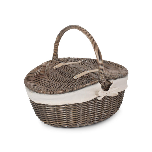 Antique Wash Finish Willow Oval Picnic Basket with White Lining