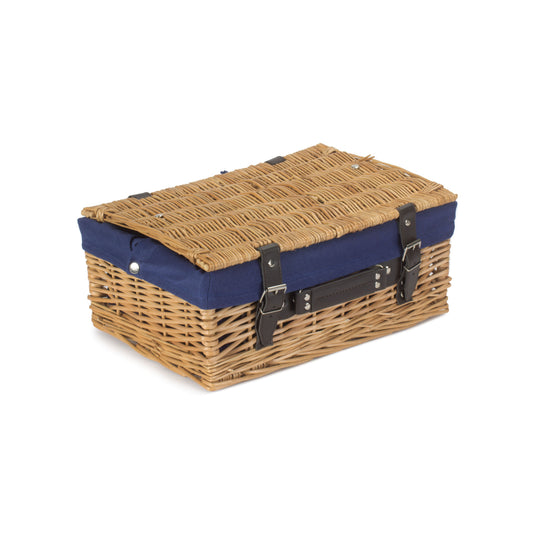14 Inch Buff Willow Wicker Hamper with Navy Blue Lining