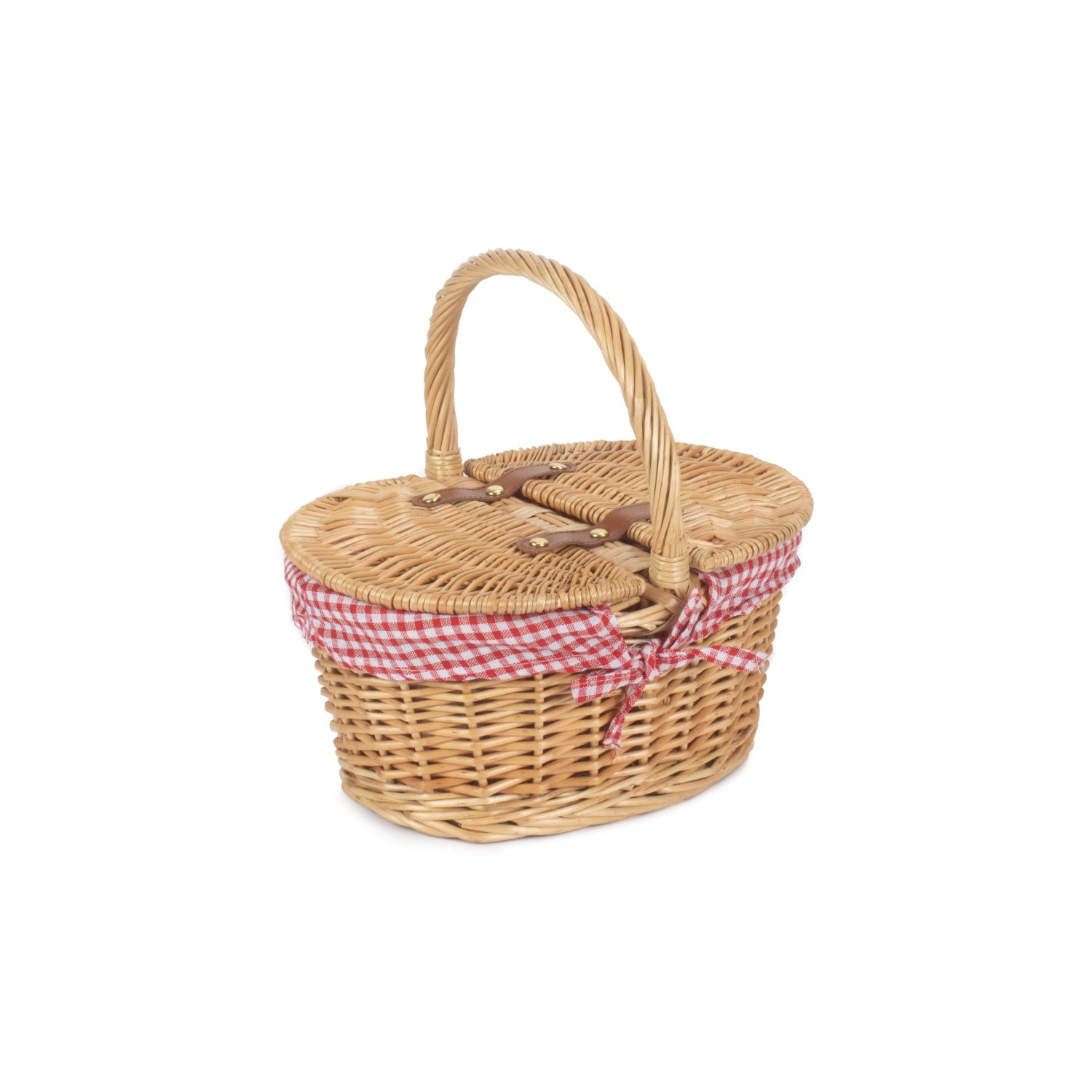s Oval Lidded Buff Willow Hamper Red & Checked Lining