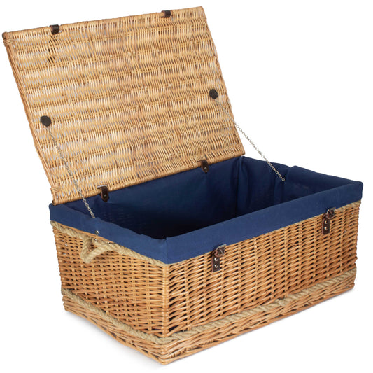 28 Inch Rope Handled Willow Hamper Trunk with Navy Blue Lining
