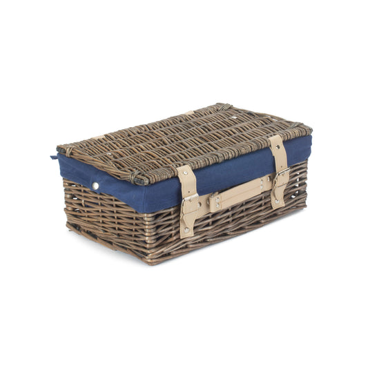 14 Inch Antique Wash Willow Hamper with Navy Blue Lining