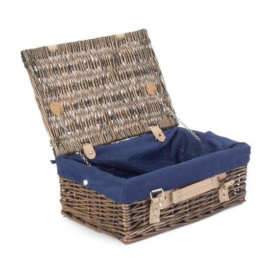 14 Inch Antique Wash Willow Hamper with Navy Blue Lining