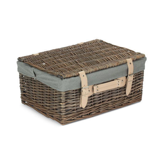 16 Inch Antique Wash Willow Hamper with Grey Sage Lining