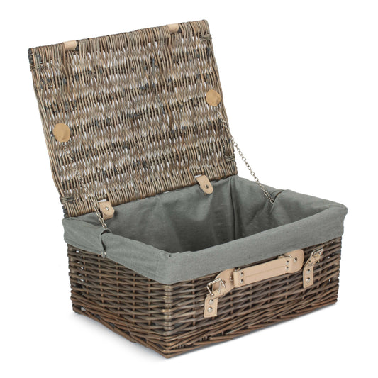 16 Inch Antique Wash Willow Hamper with Grey Sage Lining