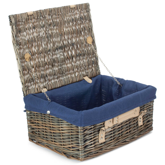 16 Inch Antique Wash Willow Hamper with Navy Blue Lining