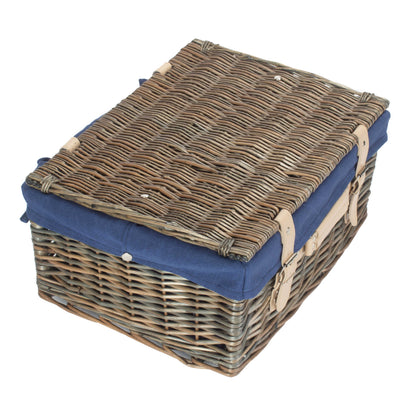 16 Inch Antique Wash Willow Hamper with Navy Blue Lining