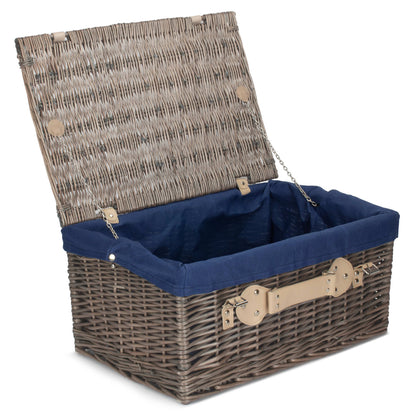 20 Inch Antique Wash Willow Hamper with Navy Blue Lining