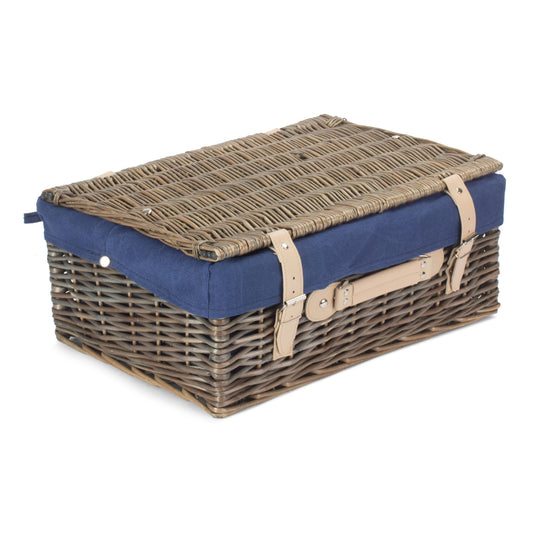 18 Inch Antique Wash Willow Hamper with Navy Blue Lining