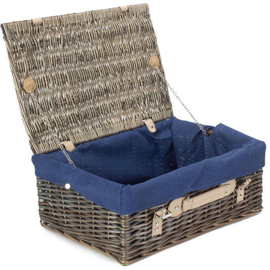 18 Inch Antique Wash Willow Hamper with Navy Blue Lining