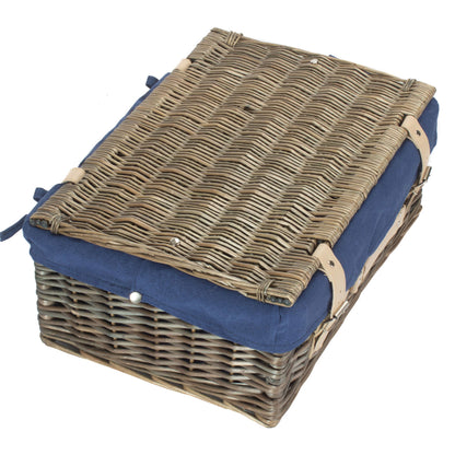 18 Inch Antique Wash Willow Hamper with Navy Blue Lining