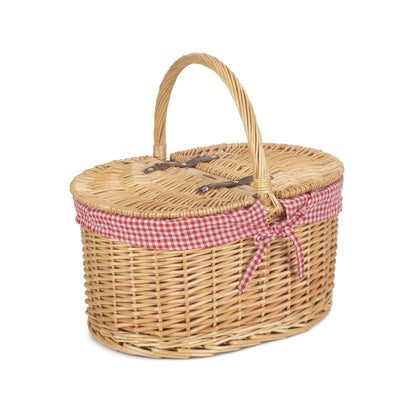 Oval Lidded Willow Picnic Hamper Basket with Red & White Checked Lining