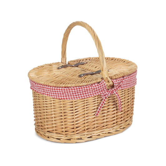 Oval Lidded Willow Picnic Hamper Basket with Red & White Checked Lining