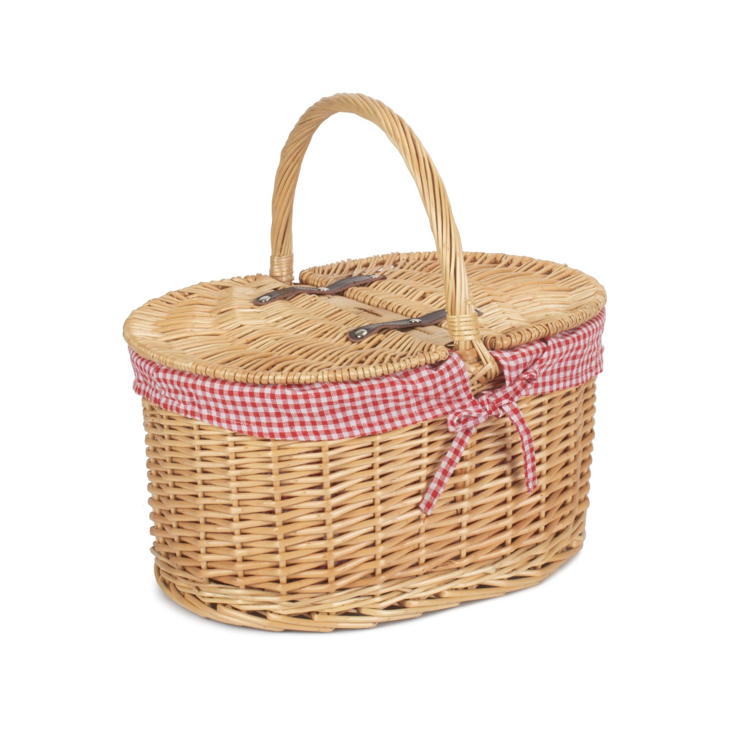 Oval Lidded Willow Picnic Hamper Basket with Red & White Checked Lining