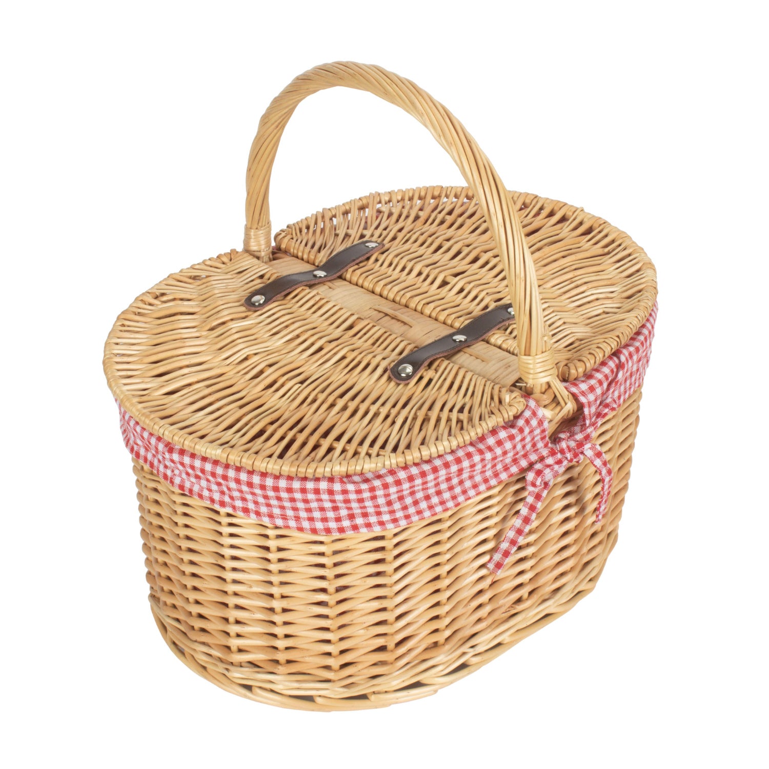 Oval Lidded Willow Picnic Hamper Basket with Red & White Checked Lining