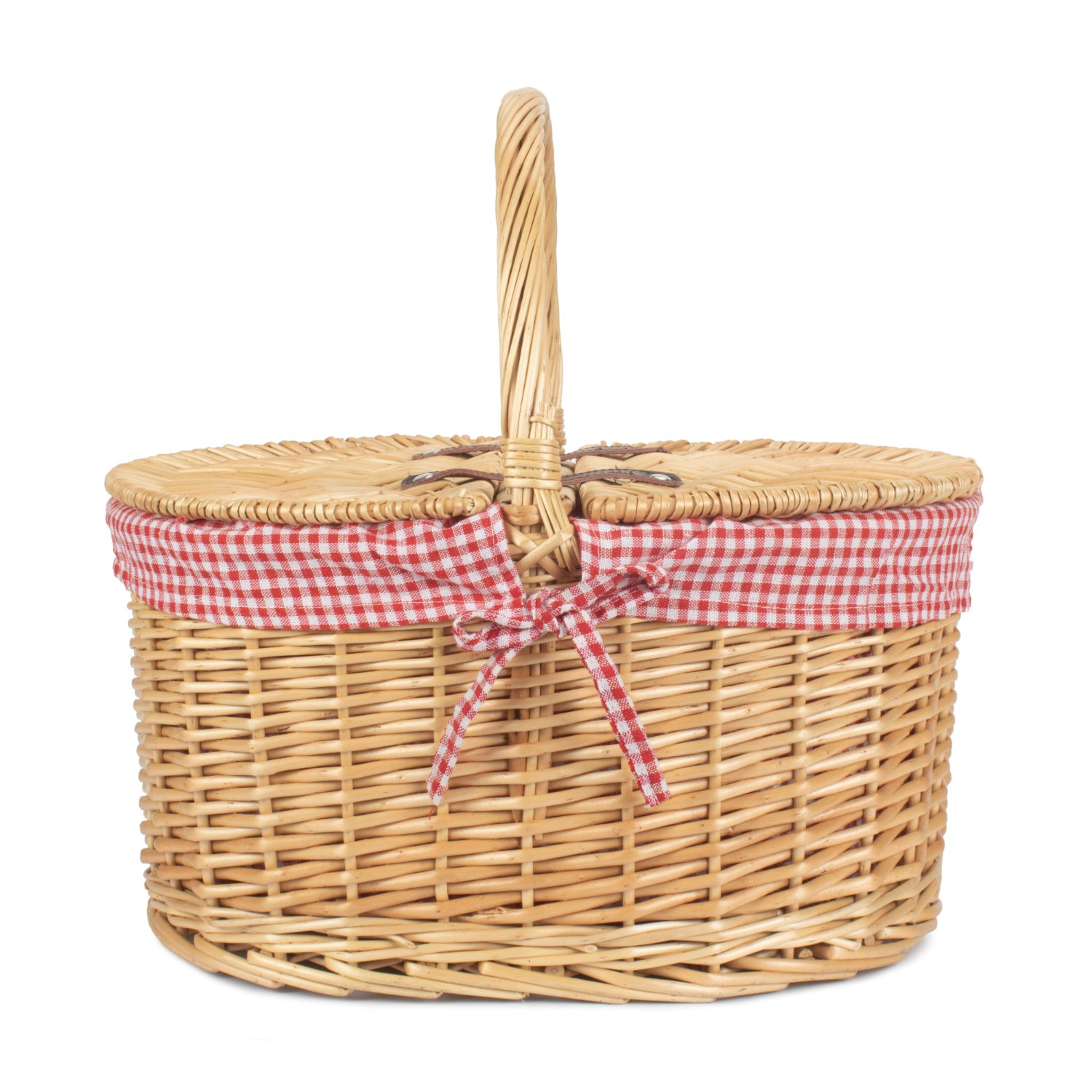 Oval Lidded Willow Picnic Hamper Basket with Red & White Checked Lining
