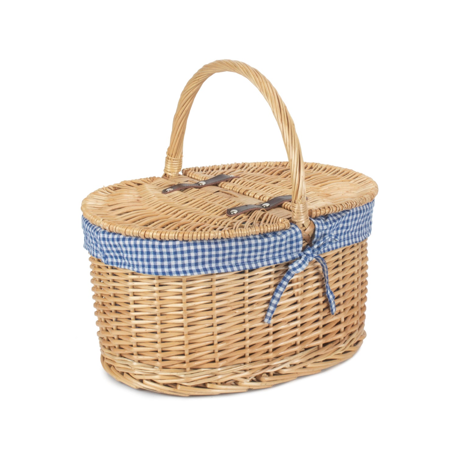 Oval Lidded Willow Picnic Hamper Basket Blue & Checked Lining