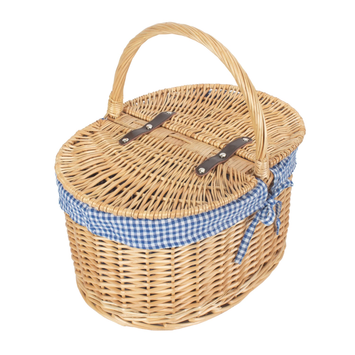 Oval Lidded Willow Picnic Hamper Basket with Blue & White Checked Lining