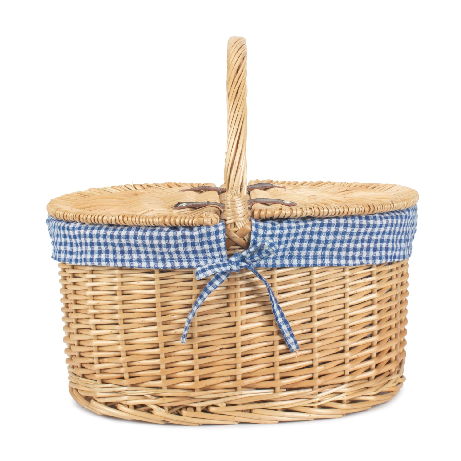 Oval Lidded Willow Picnic Hamper Basket with Blue & White Checked Lining