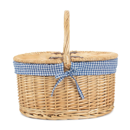 Oval Lidded Willow Picnic Hamper Basket with Blue & White Checked Lining