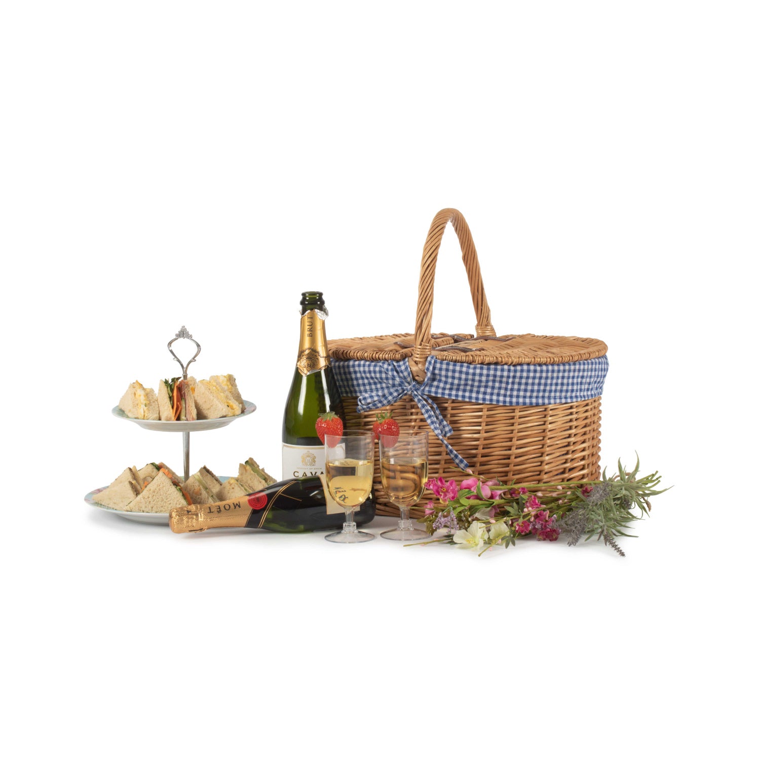 Oval Lidded Willow Picnic Hamper Basket with Blue & White Checked Lining