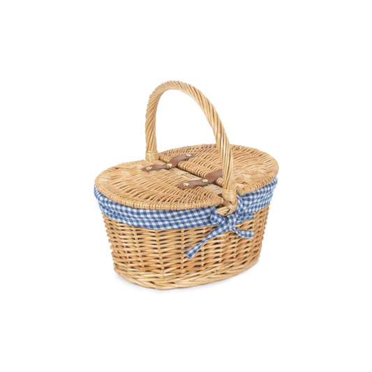 Child's Oval Lined Lidded Willow Picnic Hamper Basket with Blue & White Checked Lining