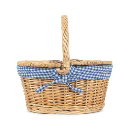 Child's Oval Lined Lidded Willow Picnic Hamper Basket with Blue & White Checked Lining