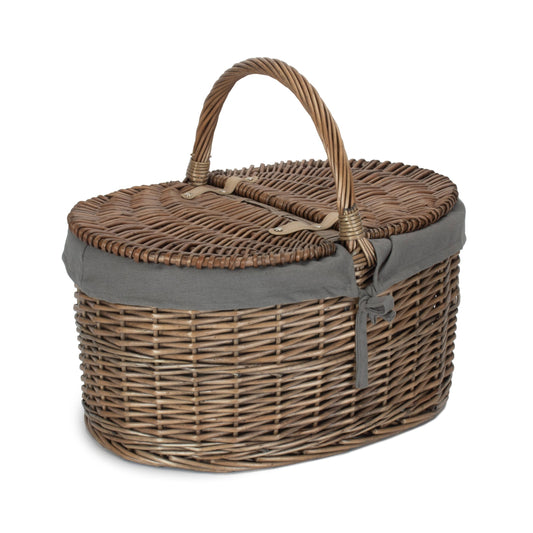 Deep Antique Wash Willow Oval Picnic Basket with Grey Sage Lining