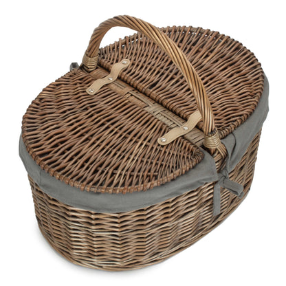 Deep Antique Wash Willow Oval Picnic Basket with Grey Sage Lining